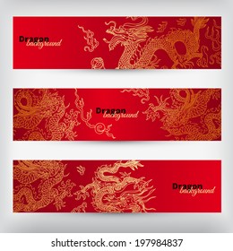 Vector background with asia dragons. Hand drawn illustration. Banner set. 