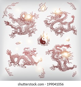 Vector background with asia dragons. Hand drawn illustration. Sketch.
