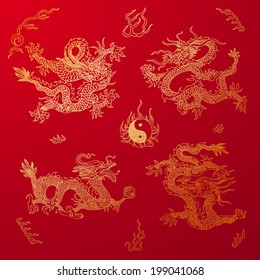 Vector background with asia dragons. Hand drawn illustration. Sketch.