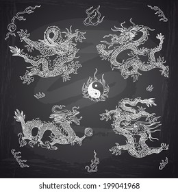 Vector background with asia dragons. Hand drawn illustration. Sketch.