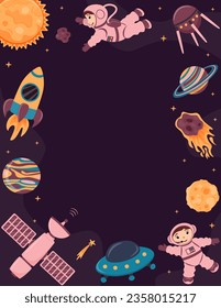 Vector background with astronauts, planets, spacecraft, rocket, satellite, meteorite, space station in cartoon style. Space travel. Cosmic children's frame. 