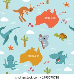 Vector background Australia with cartoon animals. Keith, kangaroo, koala, turtle, fish