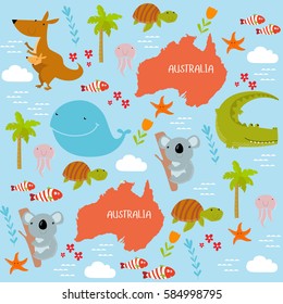 Vector background Australia with cartoon animals. Keith, kangaroo, koala, turtle, crocodile, fish