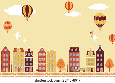 vector background with autumn city landscape with colorful houses and hot air balloons for banners, cards, flyers, social media wallpapers, etc.