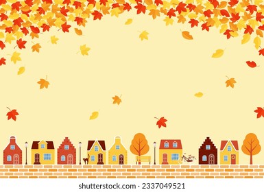 fondo vectorial con paisaje de ciudad otoñal con casas coloridas y hojas para carteles, tarjetas, volantes, fondos de pantalla de medios sociales, etc.