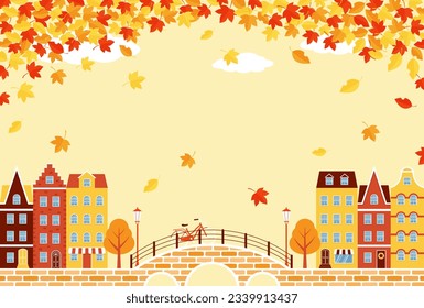 fondo vectorial con paisaje de ciudad otoñal con casas coloridas y hojas para carteles, tarjetas, volantes, fondos de pantalla de medios sociales, etc.