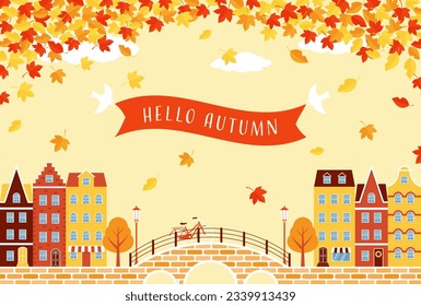 vector background with autumn city landscape with colorful houses and leaves for banners, cards, flyers, social media wallpapers, etc.