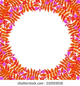 Vector background with autumn decor and round frame made of multiple colorful fall leaves and branches drawn in modern flat style and is perfect for a wedding invitation card