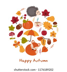 Vector background with autumn elements. Happy autumn and harvest.