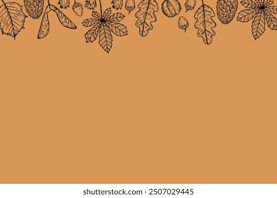 Vector background of autumn engraved forest plants. Hand drawn  banner with fall foliages, pine cones, plants for text. The image created without any artificial intelligence software