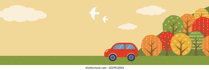 vector background with autumn landscape with a car for banners, cards, flyers, social media wallpapers, etc.