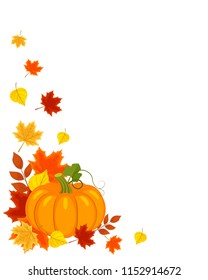 Vector background with autumn leaves and pumpkin on white.