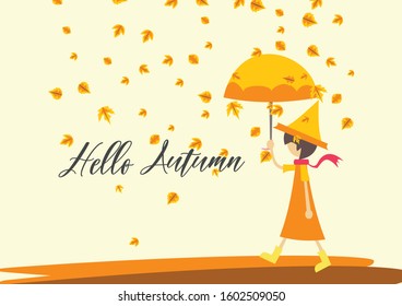 vector background of autumn with a picture of a girl carrying an umbrella - autumn vector background. natural background