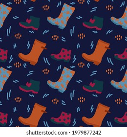 Vector Background autumn with shoes. Cozy November pattern with scribbles for textiles. Bright autumn boots pattern. Vector illustration