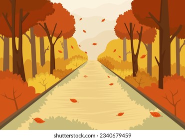 vector background for autumn with street scene covered with autumn leaves