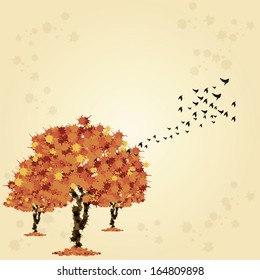 Vector Background Of Autumn Trees With Birds And Space For Text