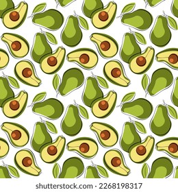 Vector background of avocado fruits outline and colored spots. Avocado or alligator pear mexican fruit background. Guacamole food ingredient. Seamless pattern