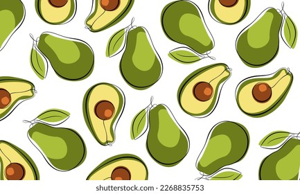 Vector background of avocado fruits outline and colored spots. Avocado or alligator pear mexican fruit background. Guacamole food ingredient.