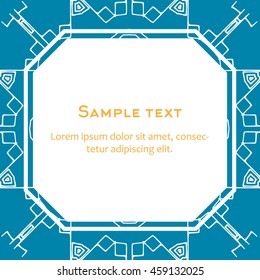Vector background with aztec ornament and square frame. Template for menu, gift card or packing. Blue and orange colors.