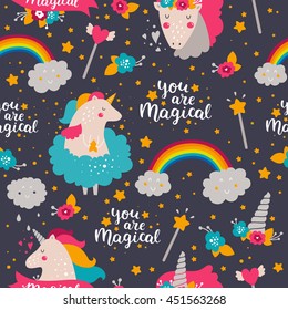 Vector background with baby unicorn. Kids pattern for design birthday cards and party invitations. Baby illustration with cute unicorn, rainbow, flowers and hand drawn lettering 