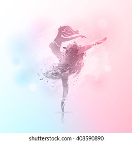 Vector background. Ballerina in dance. Perfect for ballet school or studio, dance studio, performance, banner, poster. Ballet dance pose on watercolor background. 