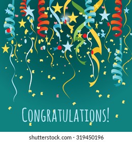 vector background with balloons and confetti. congratulations card
