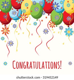 vector background with balloons, confetti and flowers. congratulations card