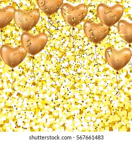 Vector background with balloons, gold texture, glitter, sparkles, made for invitation, wedding, greeting card, web template.