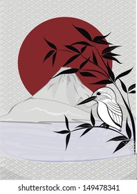vector background with bamboo, little bird and rising sun