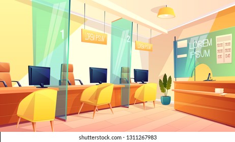 Vector background of bank office, counters for managers and clients. Bright interior of finance place, consulting lobby and showcase with exchange rate. Business concept.
