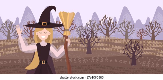 Vector background and banner with a field and a witch who welcomes you. Cute girl on a background of a forest in autumn, banner for halloween, advertisement for a holiday or evening party