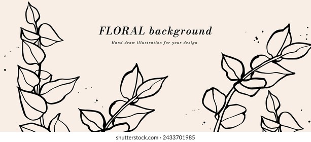 Vector background or banner with ink sketch eucalyptus branches and typography template. Web wallpaper. Linear floral art with botanical illustration