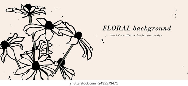 Vector de fondo o banner con tinta de dibujo de flores de equinácea y plantilla de tipografía. Fondo de pantalla web. Arte floral lineal con ilustración botánica