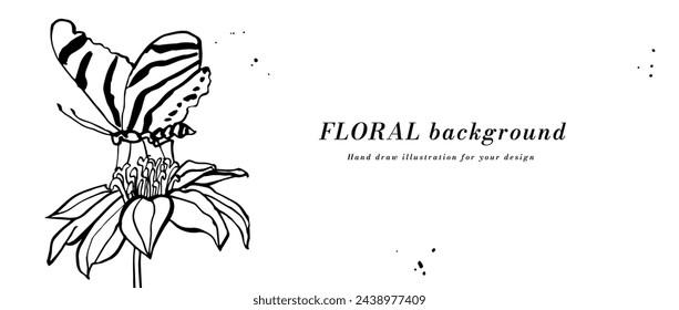 Vector de fondo o banner con tinta sketch de flores de equinácea con mariposa y tipografía plantilla. Fondo de pantalla web. Arte floral lineal con ilustración botánica