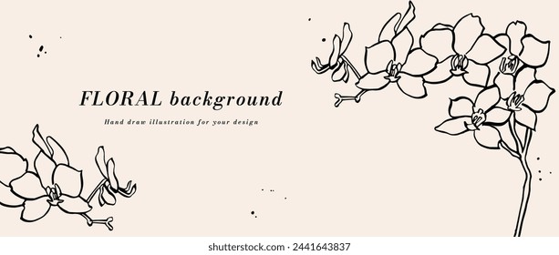 Vector background or banner with ink sketch orchid flowers and typography template. Web wallpaper. Linear floral art with botanical illustration