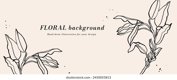 Vector background or banner with ink sketch eucalyptus branches and typography template. Web wallpaper. Linear floral art with botanical illustration