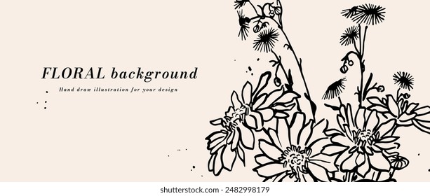 Fondo de Vector o Anuncio con boceto de tinta, flores de margarita y Plantilla de tipografía. Web Fondo de pantalla. Arte floral lineal con ilustración botánica