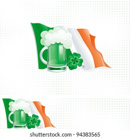 vector background and banner of irish flag, cup with green beer and clover for St. Patrick's Day