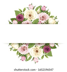 Vector background banner with pink and white roses and lisianthus flowers and blackberries.