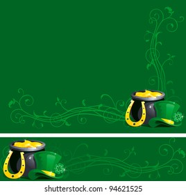 vector background and banner of pot with gold coins,  horseshoe and leprechaun hat with clover for St. Patrick's Day
