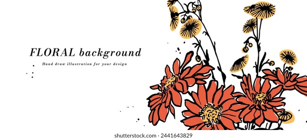 Vector background or banner with red daisy flowers and typography template. Web wallpaper. Linear floral art with botanical illustration