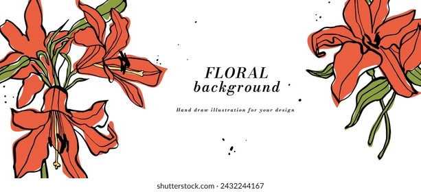 Vector background or banner with red lily flowers and typography template. Web wallpaper. Linear floral art with botanical illustration