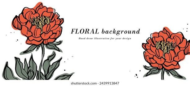 Vector de fondo o banner con flores de peonía roja y plantilla de tipografía. Fondo de pantalla web. Arte floral lineal con ilustración botánica