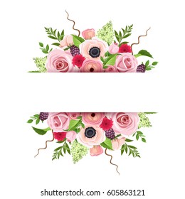 Vector background banner with red, pink and green roses, anemones, ranunculus and lilac flowers and leaves. 