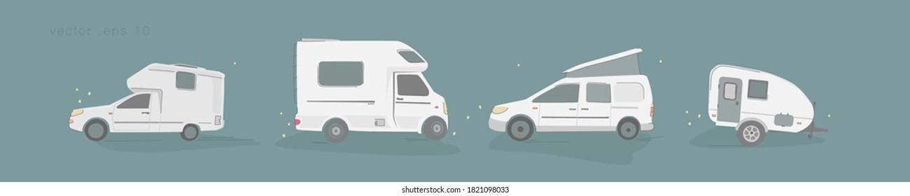 Vector background banner with rv camping trailers, travel mobile home, caravan.