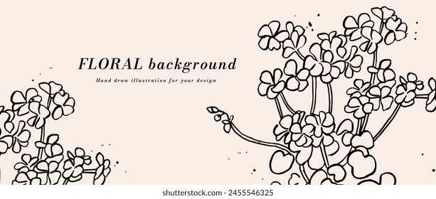 Vector de fondo o Anuncio, boceto con flores de geranio y Plantilla tipográfica. Web Fondo de pantalla. Arte floral lineal con ilustración botánica