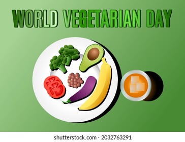 Vector background banner for world vegetarian day greeting: broccoli, banana, orange, tomato.
