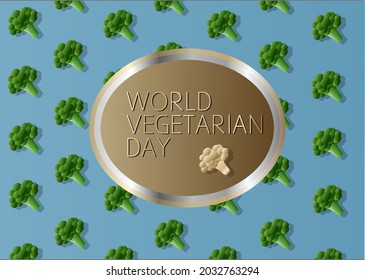 Cartel de fondo vectorial para el saludo del Día vegetariano mundial: brócoli, plátano, naranja, tomate.