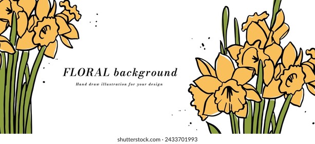 Vector background or banner with yellow narcissus flowers and typography template. Web wallpaper. Linear floral art with botanical illustration
