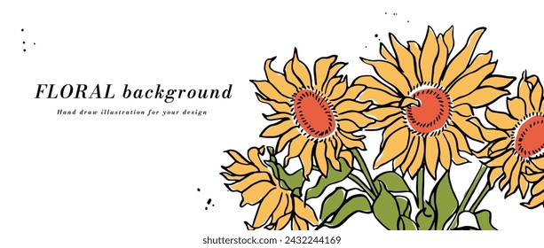 Vector de fondo o banner con girasoles amarillos y plantilla de tipografía. Fondo de pantalla web. Arte floral lineal con ilustración botánica